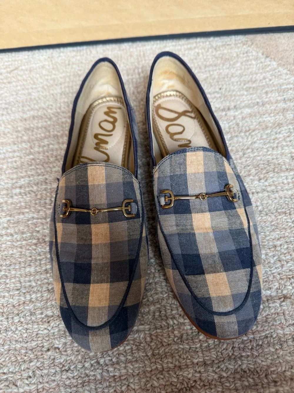 Sam Edelman Navy and Beige Plaid Horsebit Loafers - Picture 2 of 6